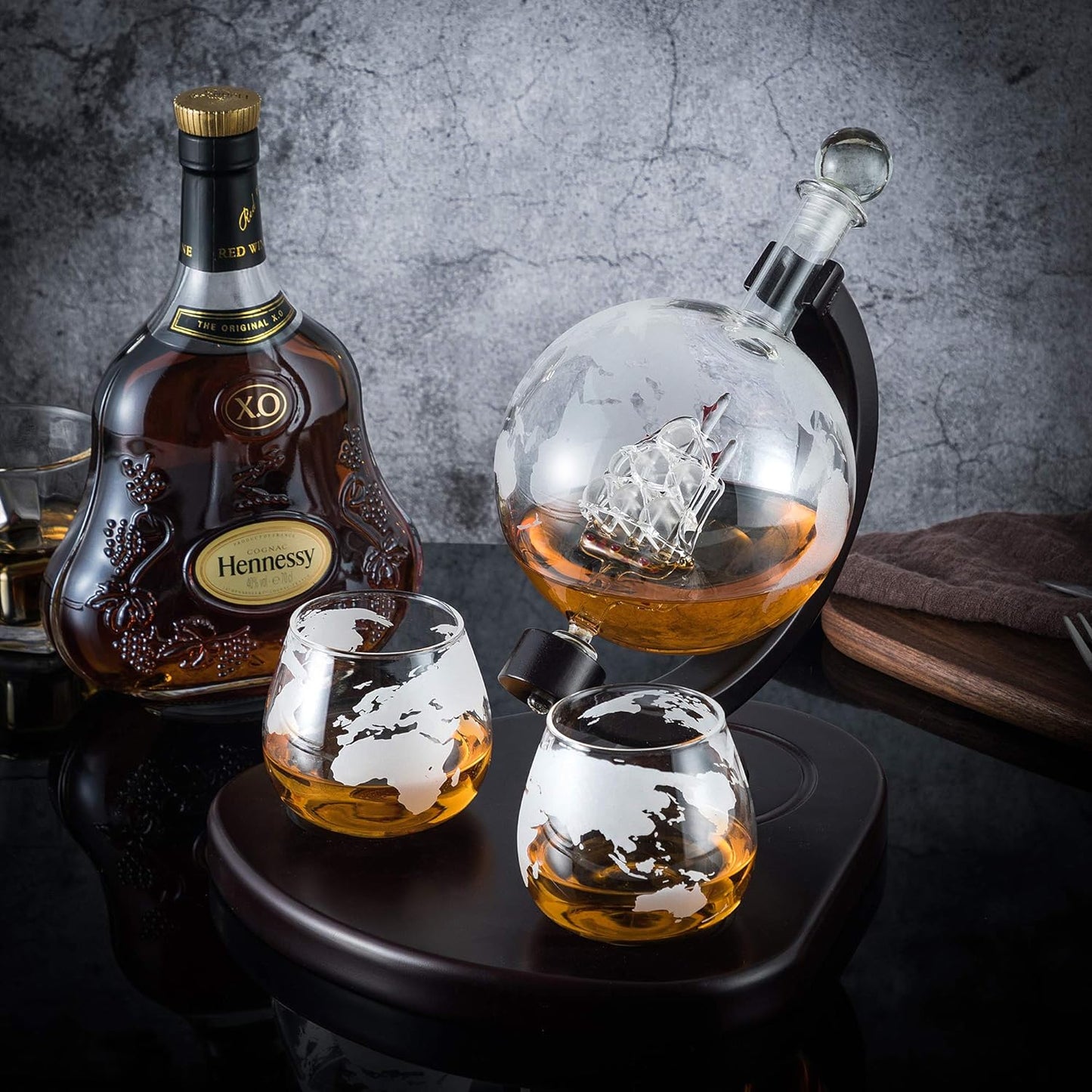 Whiskey Dekanter Set,Globus Dekanter,Whiskey  Mit 2 Gläsern,Perlen 4 Eiswürfel Zange & Trichter Getränkespender Für Whisky Likör Wein Brandy Cognac